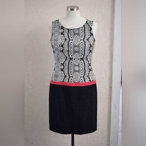 LOFT Black and White Midi Dress with Pink Trim